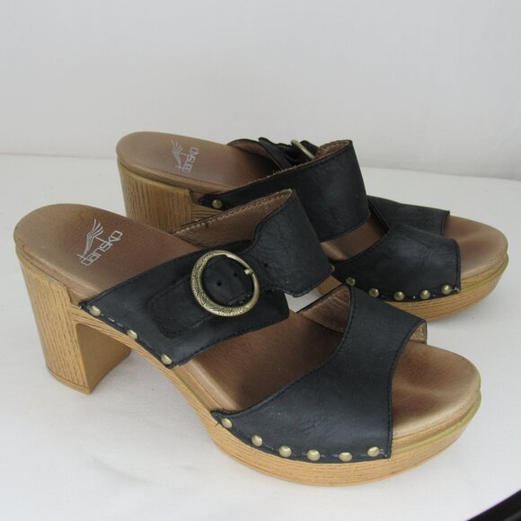 Dansko Black Leather Two Strap Studded Slide Heel Sandal 3" Women's 37 7 - Picture 5 of 9